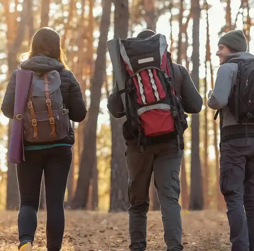 Eine Gruppe aus drei Personen läuft in Wanderklamotten mit Rucksäcken durch ein Waldstück. Sie unterhalten sich und die Person die halb gedreht steht grinst.